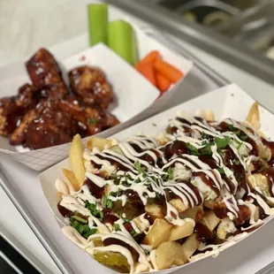 Sloppy Fries with Honey BBQ added + Honey BBQ Wings