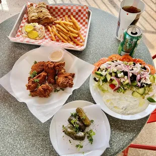 Dolma. Wings. Greek salad. Chicken Sandwich and amazing