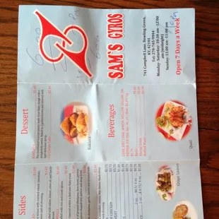 the menu for sam's gyros