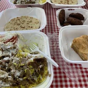Lamp platter and falafel balls also baklava