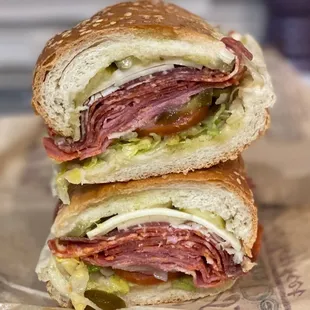 Paisano piccante..Sesame roll, spicy Calabrese, spicy red capocollo, Molinari hot salami, provolone,jalapeños,evoo, vinegar,onions BOMB!!