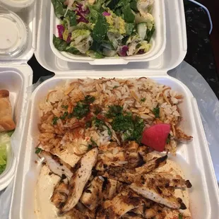 Lunch hommous with chicken (or meat) includes rice (or fries) salad (or soup) with garlic and pita. All this for ONLY $8.49!!! So damn good!