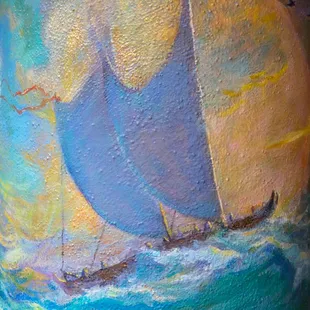 An original mural on one of our pillars depicting the Polynesian migration route to Hawaii on a traditional voyaging canoe following Hokulea