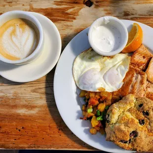 Lake trout &amp; eggs, lemon blueberry scone &amp; latte