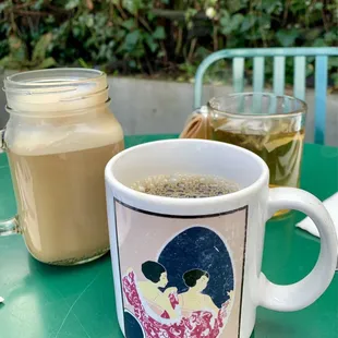 Oat Latte, Black Coffee, Peppermint Tea