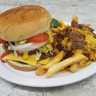 a hamburger and fries