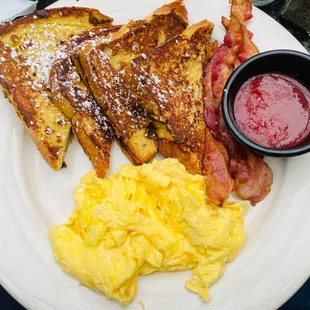 french toast, bacon and eggs