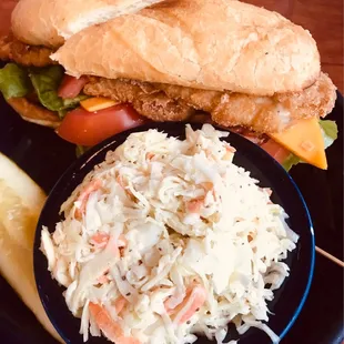 Delicious fried cod sandwich and Cole slaw.