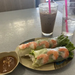 2 gigantic fresh spring rolls with iced coffee