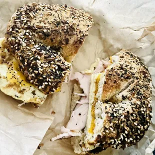 Turkey Pastrami, Egg &amp; Cheese. Everything Bagel