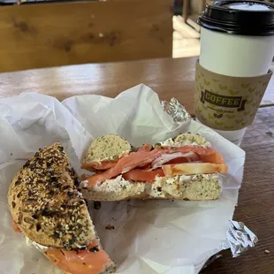 Salmon on Everything Bagel w Coffee, enjoyed in the patio deck behind Sam's