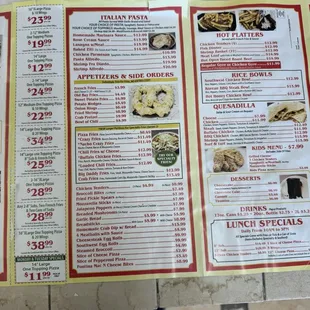 Other side of the menu with specials. 3% surcharge for credit card.