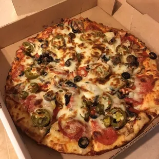 Medium pepperoni, olives, mushrooms and jalapeños