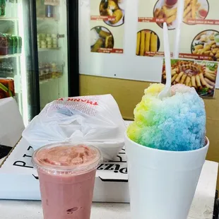 shaved ice, Strawberry Smoothie, cheese medium pizza, and Double Teriyaki Chicken Rice Bowl