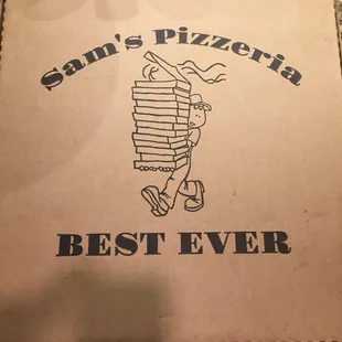 a pizza box with a man carrying a stack of pizza