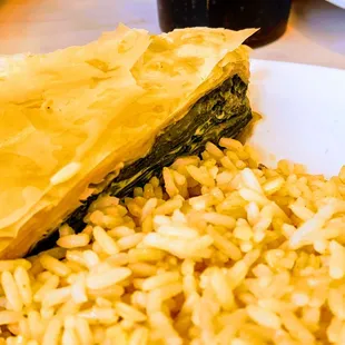 a plate of food with rice and spinach