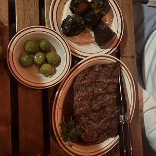 steak, olives, sweet potato