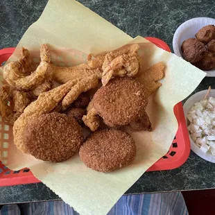 Catfish, shrimp, crab cakes, hushpuppies, coleslaw