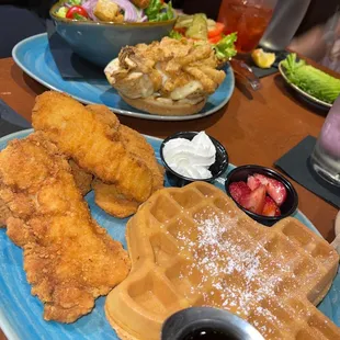 Chicken and waffles and chicken sandwich