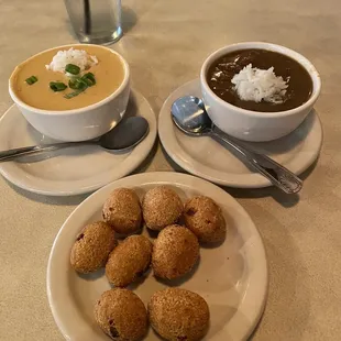 Cup of Seafood Gumbo and Crawfish Étoufée with Hush Puppies.