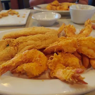 Catfish and shrimp.  My wife and I split the 2 fish and 9 shrimp combo and still had leftovers!