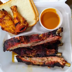Ribs and smoked wings.