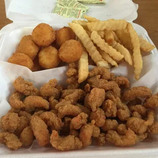 Crawfish bites, fries, and cheese nuggets