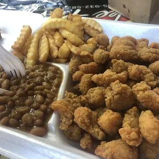 Fried crawfish, bbq baked beans, and french fries.