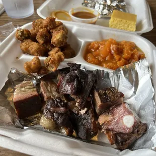 Rib tips, okra, and sweet potatoes