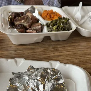 Rip tips with sweet potato&apos;s and turnip greens