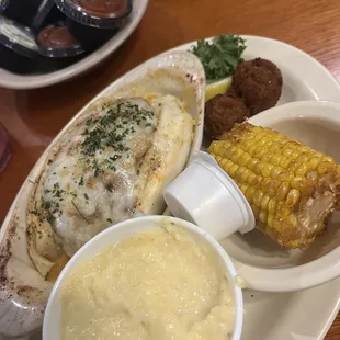 stuffed flounder, cheese grits, fried corn