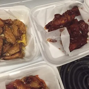 The big wings! Not the baby ones. Roasted garlic butter, honey bbq, sweet Thai chili