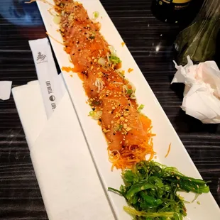 Salmon carpaccio. Tasty, but the toasted salmon alters the after taste giving it an unpleasant finish.