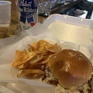 BBQ sandwich, slaw on top, with house made chips!!!