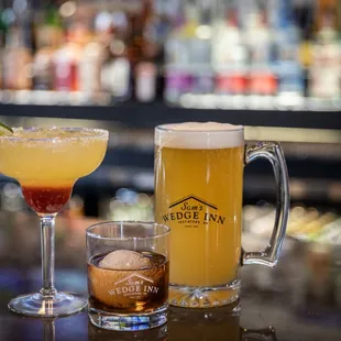Sunrise Margarita, Tall Draft Beer (25oz) and a Signature Bourbon Ice Ball