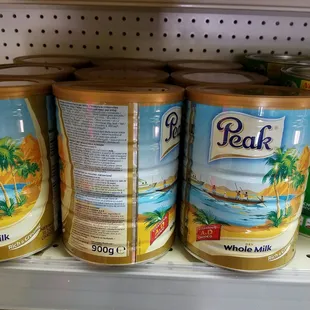 a shelf of canned food