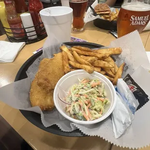 Fish and chips with slaw