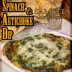 Chopped spinach and artichoke hearts mixed with a blend of cheeses then baked in the oven until hot and bubbly.