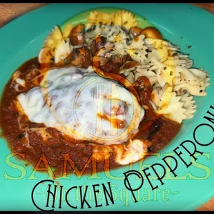 Breast of chicken grilled, layered with pepperoni &amp; Provolone cheese the finished in the oven simmering in a made to order pepperoni sauce.