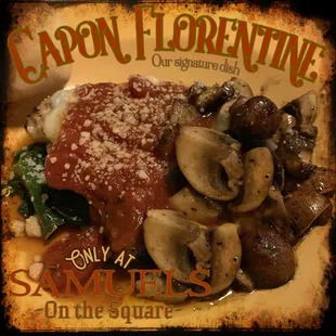 Our succulent marinated chicken breast served over wilted spinach layered with Provolone cheese, Cremini mushrooms and a light tomato sauce.