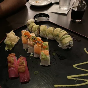 Garlic tuna nigiri, Kyoto roll and Caterpillar Roll