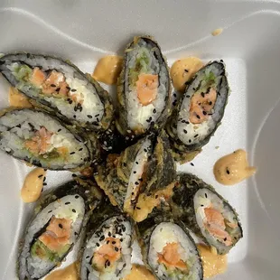 Tempura salmon sushi