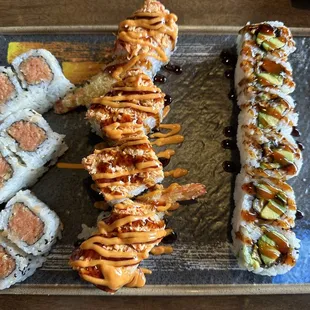 Spicy Tuna Roll, Yum Yum Roll, Eel + Avocado Roll