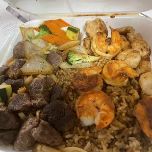 Filet mignon, shrimp and chicken, hibachi combo with rice and noodles