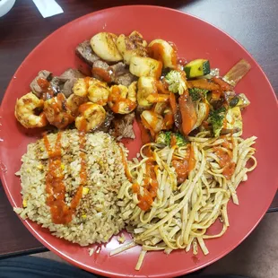 Steak, scallops, and shrimp