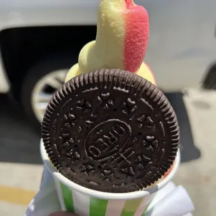 Banana, strawberry swirl with mochi balls and Oreo.