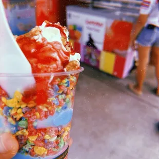 Parfait with fruity pebbles.