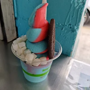 The Classic: strawberry and blue vanilla swirl with mochi balls (most popular soft serve)