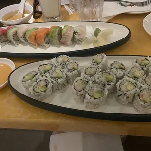 Rainbow roll on top, California Rolls on bottom