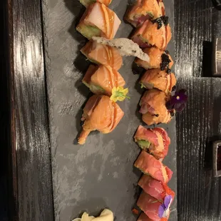 Flaming heart sashimi roll, samurai sashimi roll, and pink lady roll